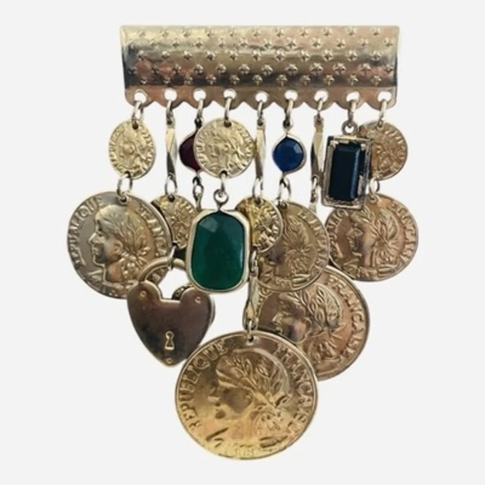 Vintage Gold Tone French Republic Coin Charm Brooch Multi Crystal Statement 3.5